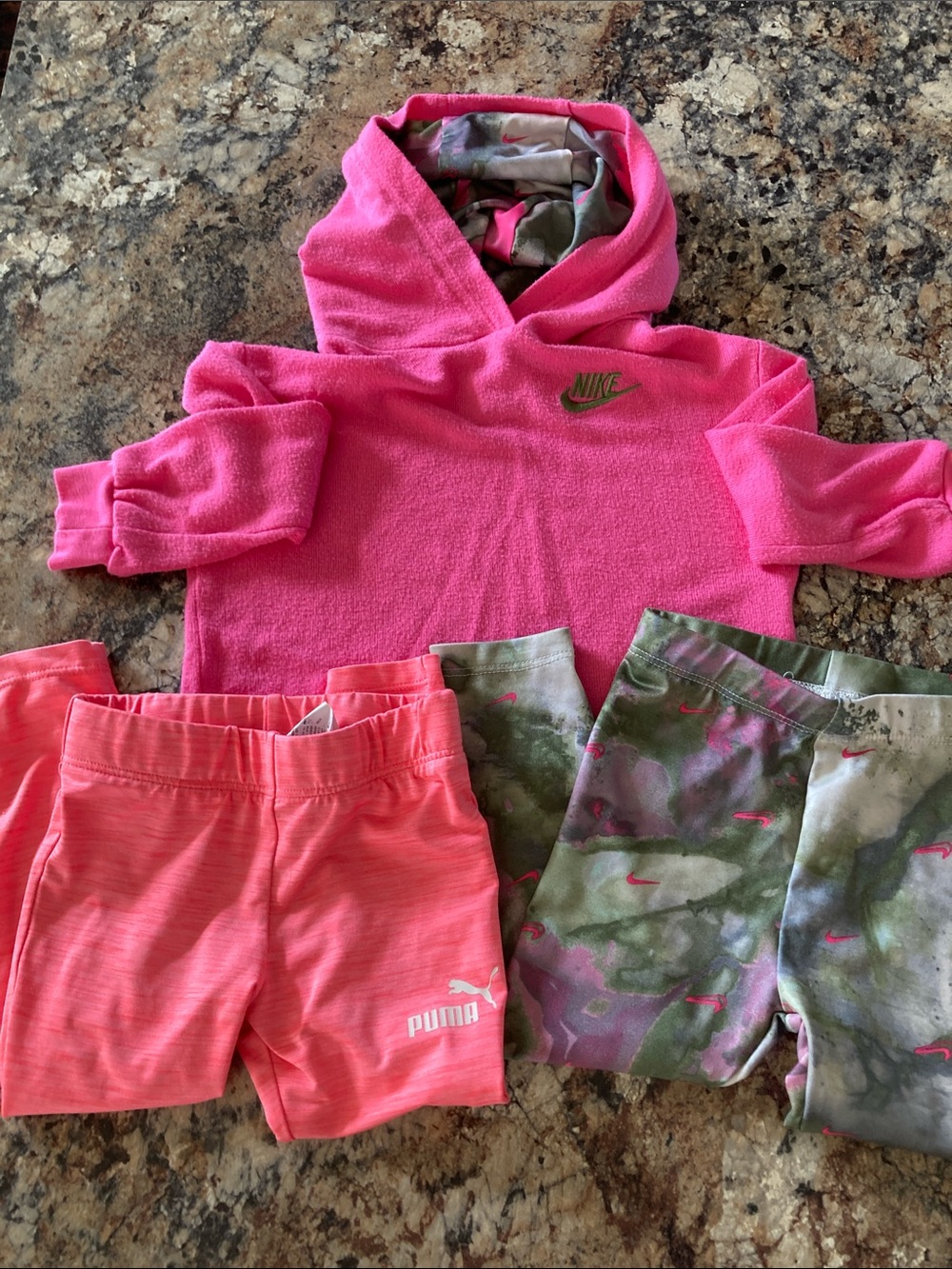 Nike Girls' Hot Pink Hooded Sweatshirt with Camouflage lined hood, 2 leggings